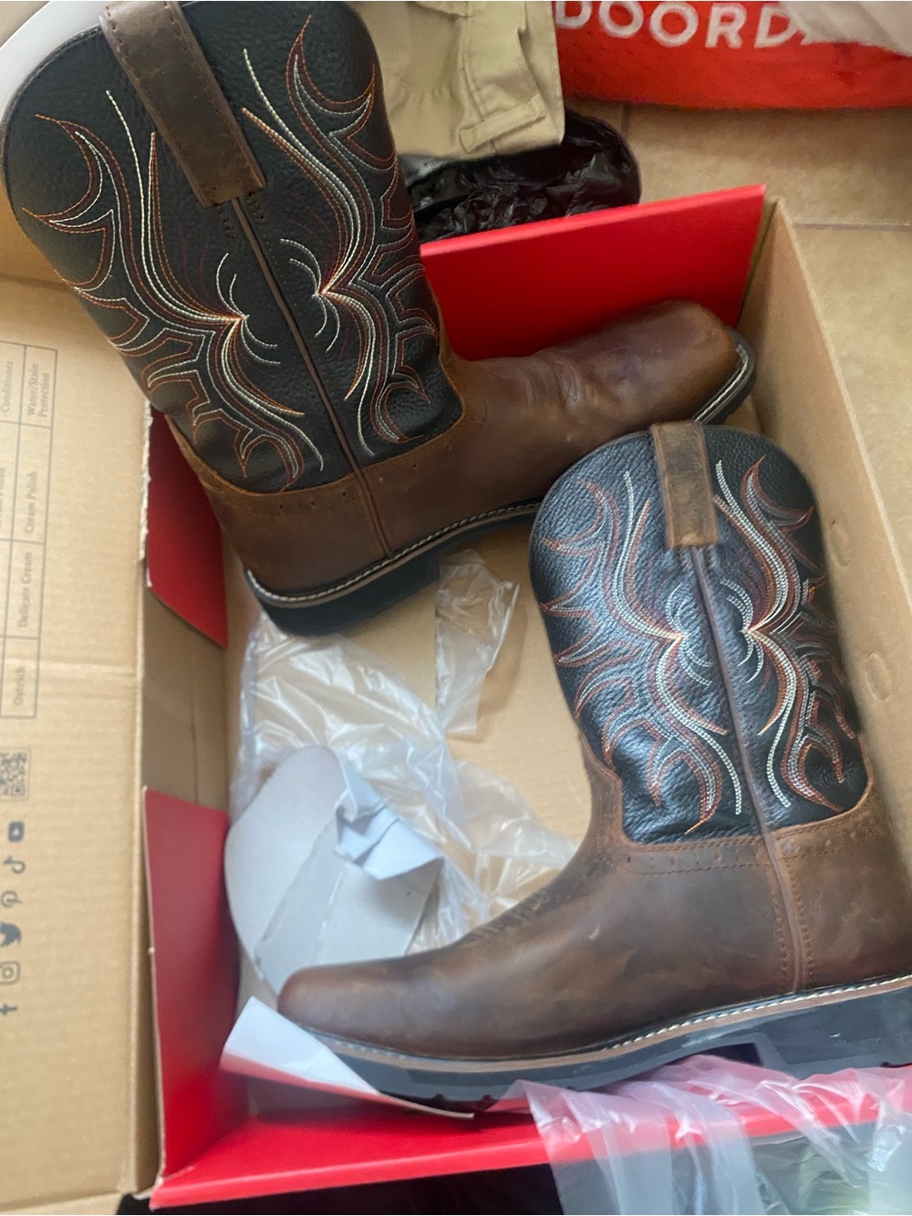 Justin Boots Brown Leather Western Boots with Black Embroidered Shaft